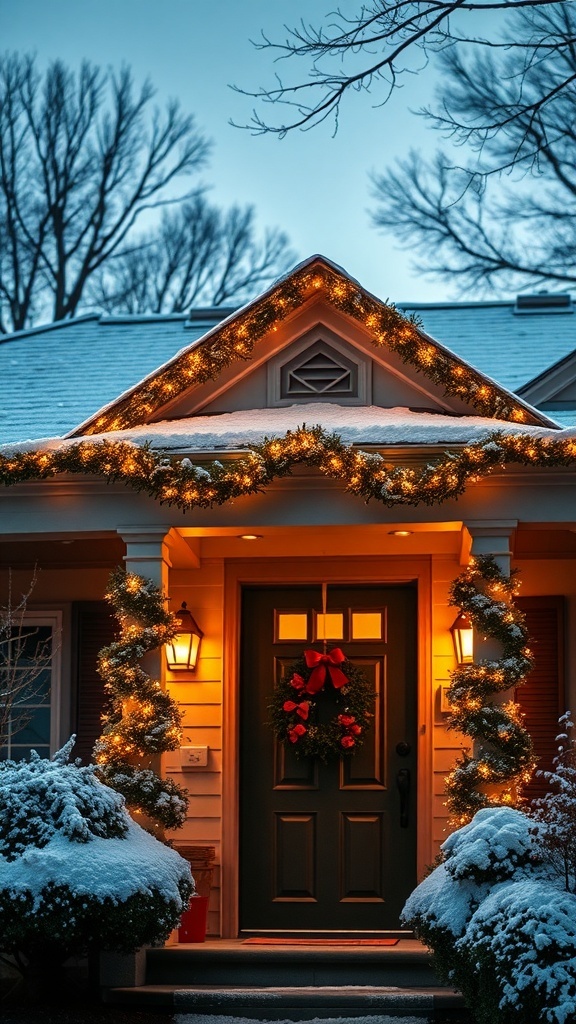 A cozy home decorated with Christmas lights, showcasing a festive winter scene.